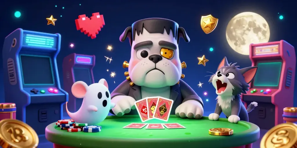 Engage in thrilling card games with Lucky88, guided by a Frankenstein bulldog dealer amidst swirling magical casino elements.