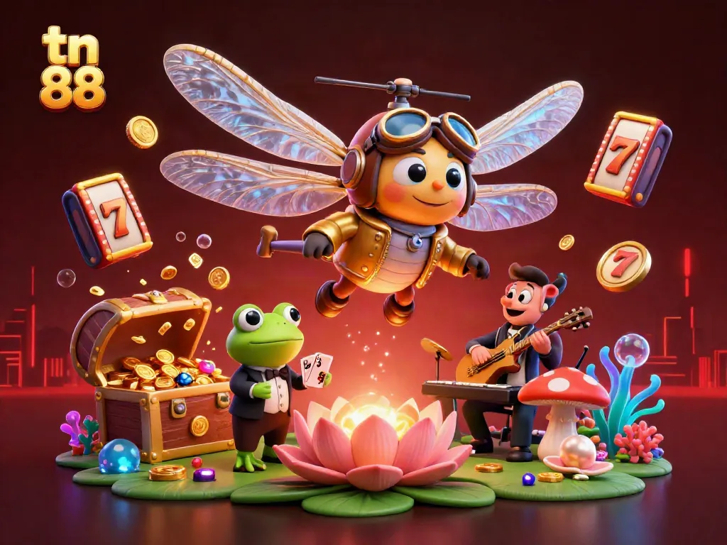 Experience the excitement of tn 88 with a lively casino scene featuring animated characters, slot reels, and vibrant decor.