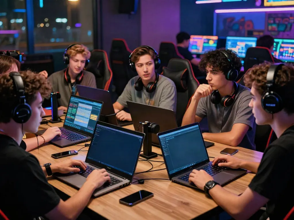 Group of diverse young adults engaging in online gaming strategies with five88 devices in a lively casino-like atmosphere.