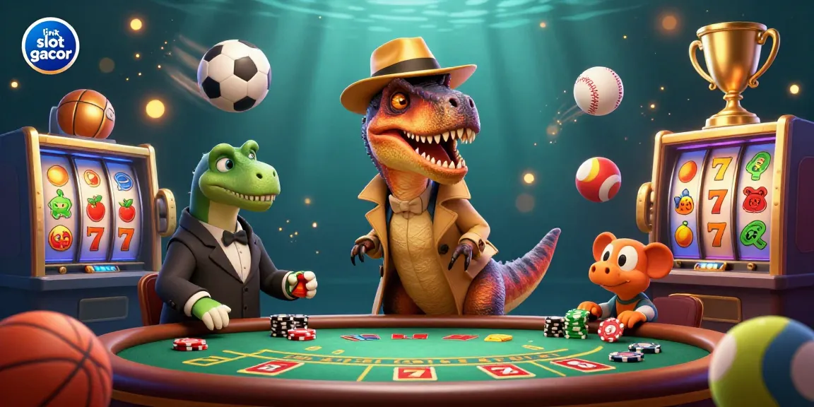 Engage with the link slot gacor concept amid a dynamic casino scene featuring cartoon dinosaurs, slot reels, and lively sports balls.