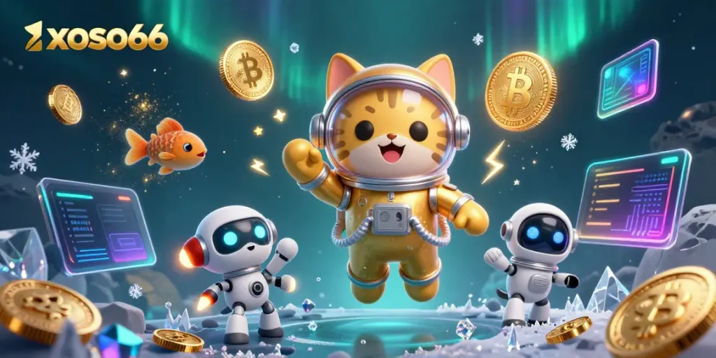 Engage with xoso66 through an illustrated scene featuring a cartoon cat astronaut and a robot dog in a cosmic casino.