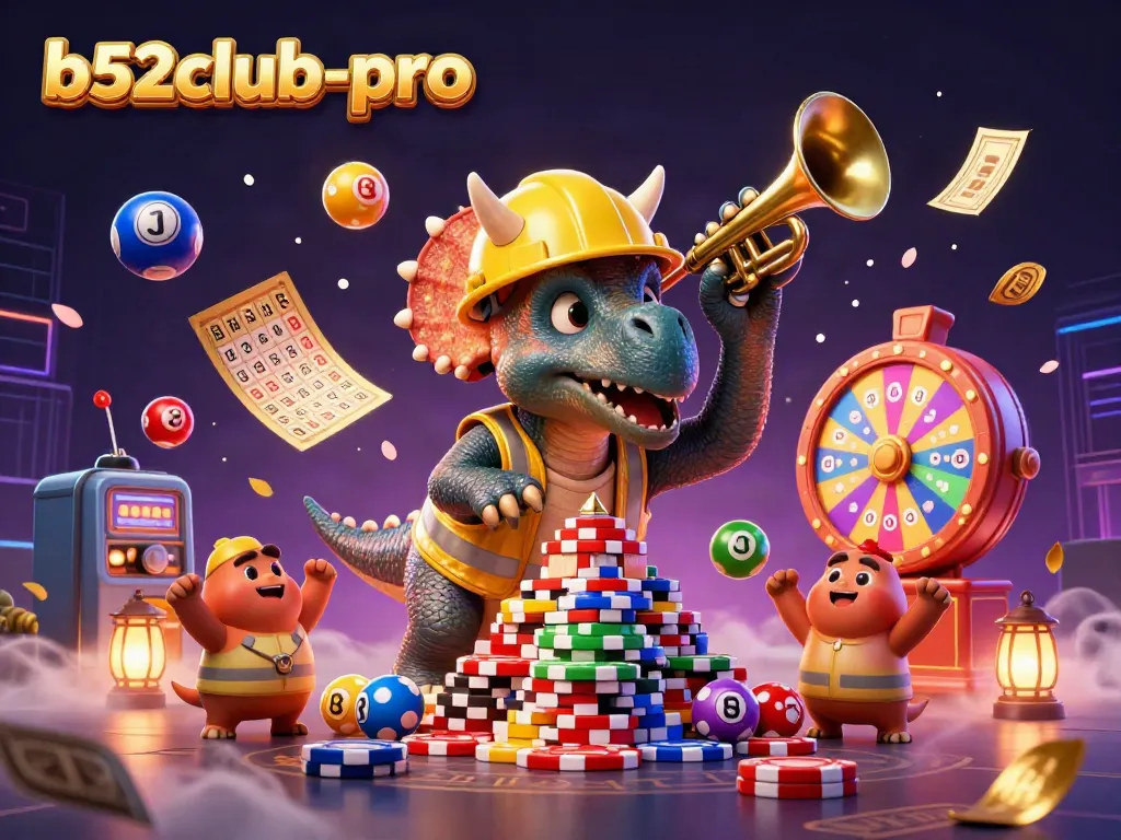 Engage in exciting gaming action at b52club-pro with vibrant illustrations of triceratops and lottery elements.