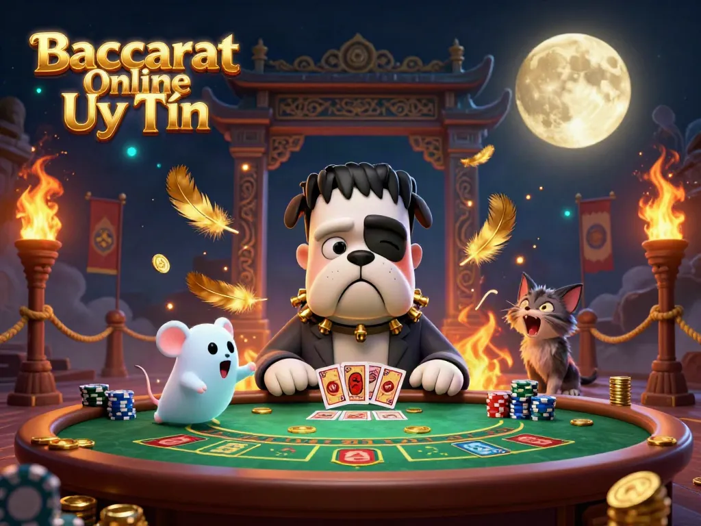 Play immersive Baccarat Online Uy Tín with a cartoon Frankenstein bulldog and magical elements.
