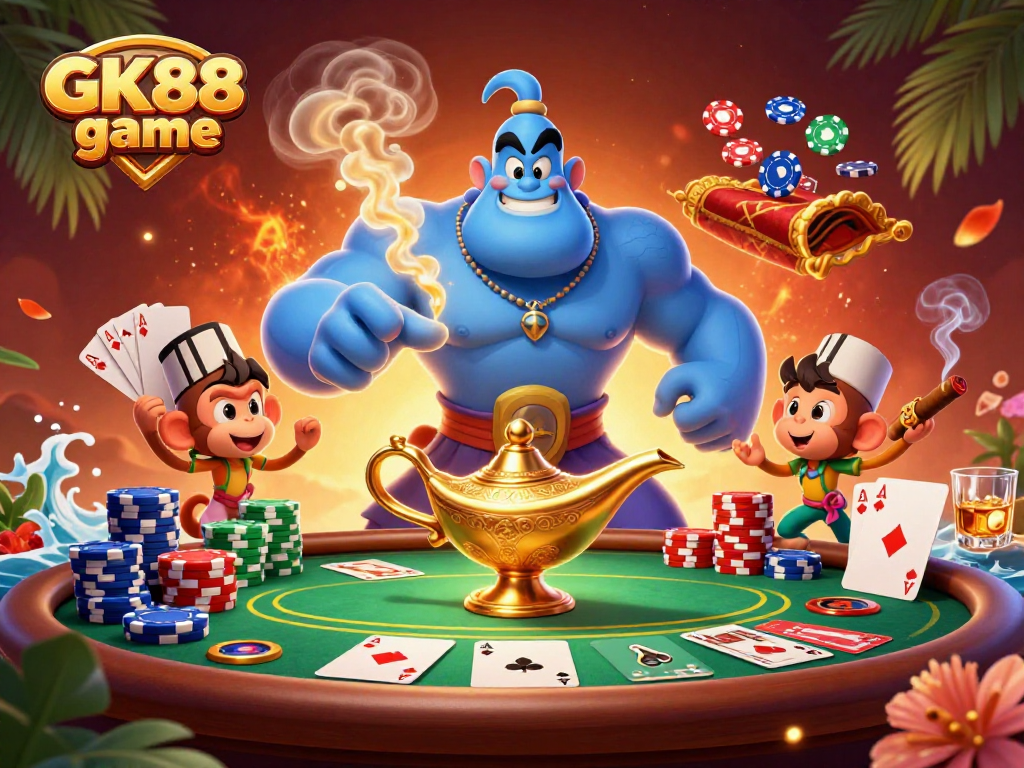 Experience GK88 game with lively characters and vibrant casino elements in this dynamic 3D illustration.