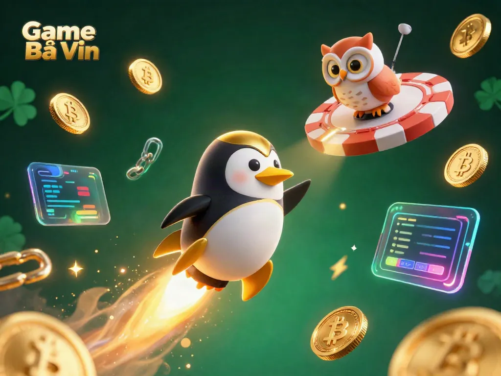 Engage with Game Bài Vin as a rocket-powered penguin soars past crypto symbols and a casino-shaped poker chip.
