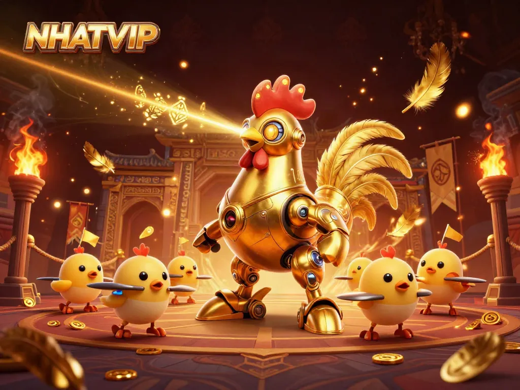 NhatVIP showcases an exciting scene with a golden rooster robot and baby chick drones in a vibrant casino setting.