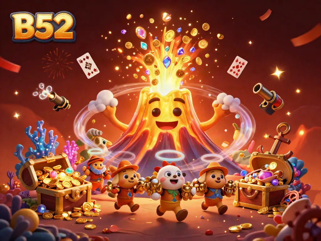 B52 casino scene featuring a golden volcano with gems, surrounded by treasure elements and celebratory effects.