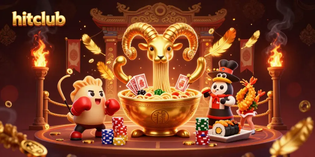 Hitclub's vibrant casino scene with golden ramen bowl dealer and sushi roll elements showcasing exciting gameplay.