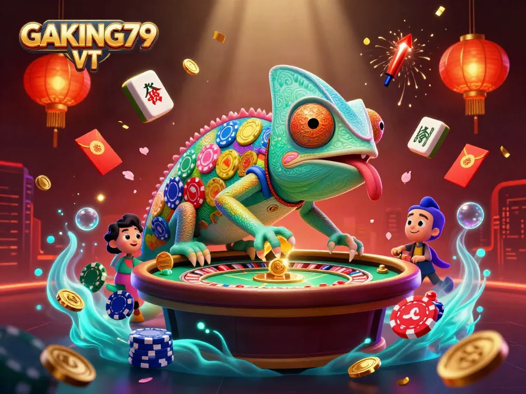 Experience the vibrant world of GAKING79 VT with a colorful chameleon casino owner collecting golden coins in this dynamic illustration.