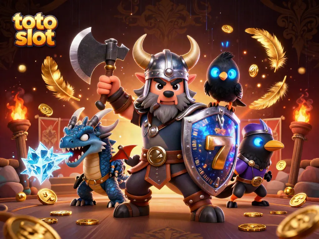 Engage your luck with the dynamic toto slot featuring a Viking warrior, dragon, and slots.