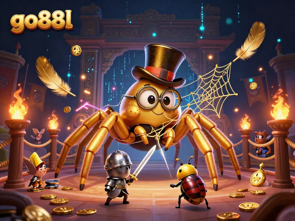 Experience exciting adventures at go88l with a fantasy illustration featuring a golden tarantula, knight, and moths.