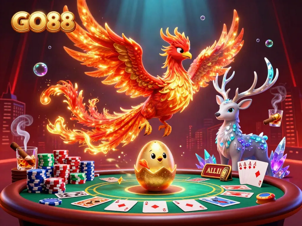 Experience thrilling gameplay at GO88 casino with a dynamic phoenix illustration representing fortune.