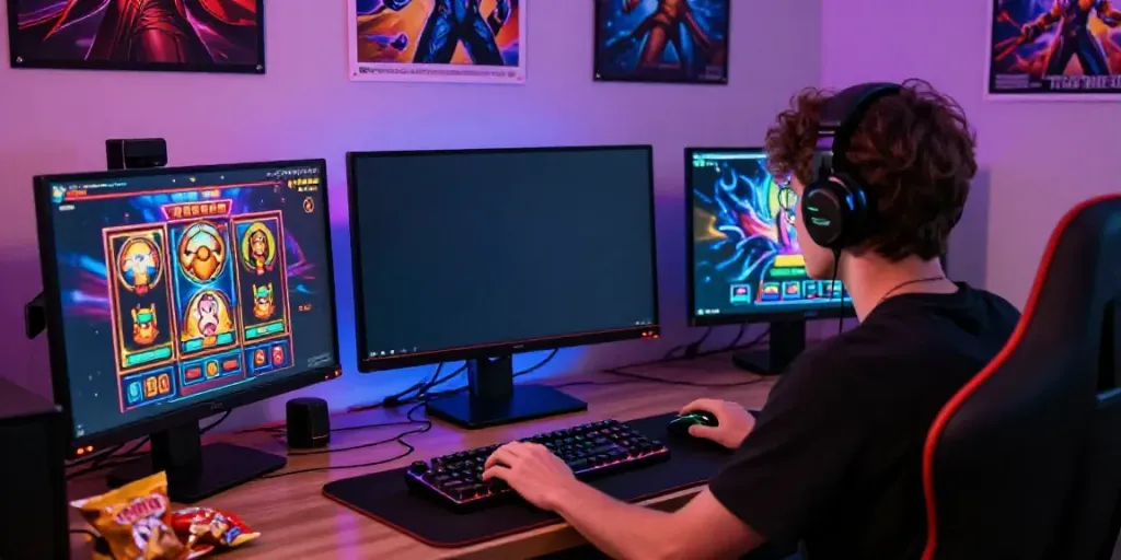 Engaged player experiencing the excitement of kayu77 online slots with vibrant game visuals.