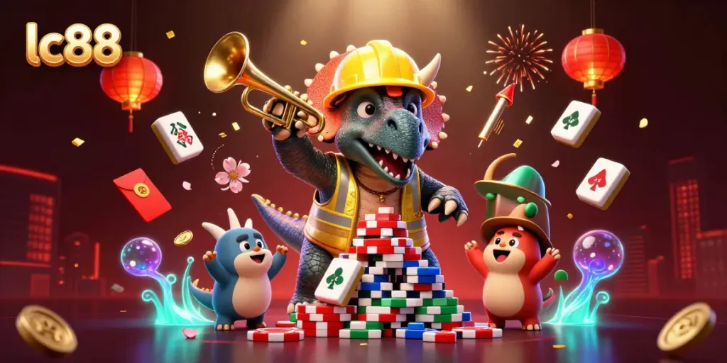Enjoy thrilling casino action at lc88 with a vibrant scene of lively characters and games.