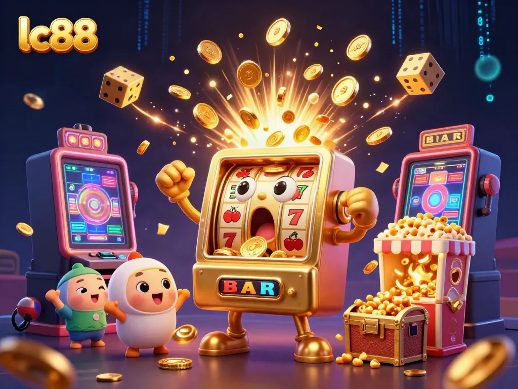 lc88 slot machine celebrates a jackpot victory with coins exploding in a vibrant casino scene.
