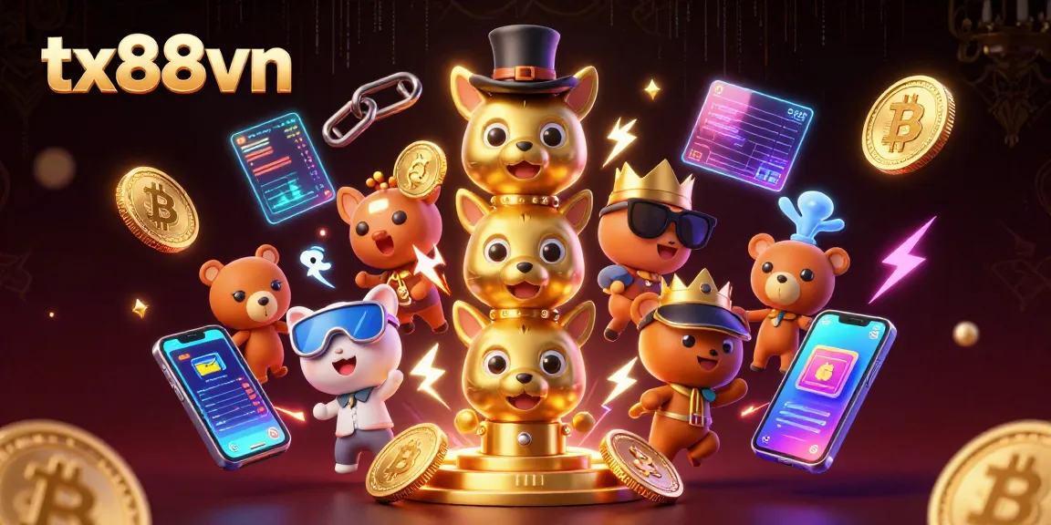 Engage with tx88vn's vibrant casino world featuring 3D totem, crypto coins, and exciting game elements.