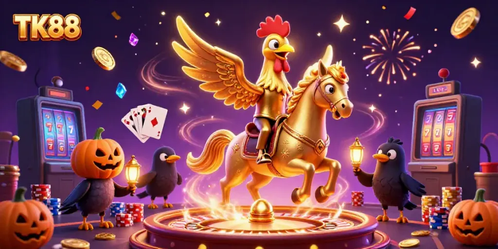 Experience the thrilling TK88 casino with a golden rooster hero amidst vibrant gaming elements and celebrations.