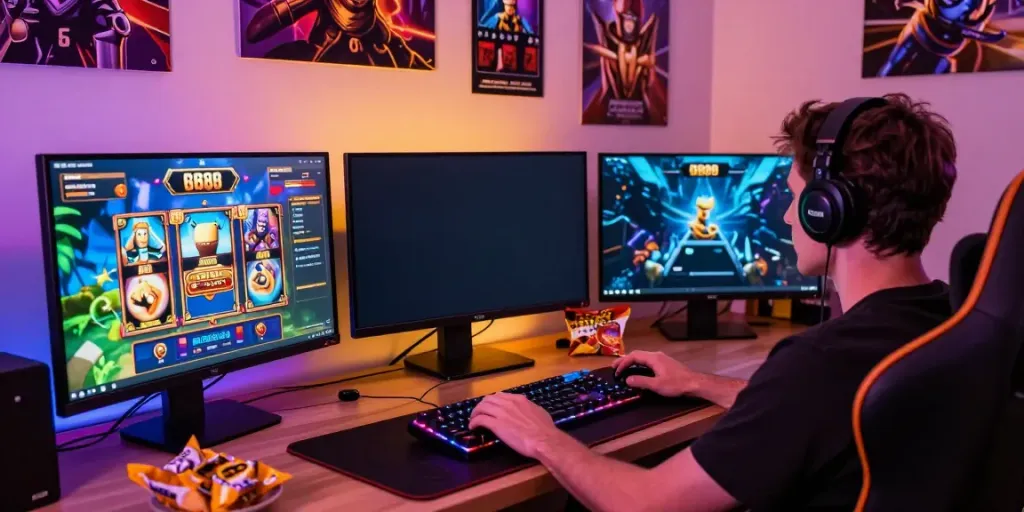 Player engaging with slot88 game on desktop, vibrant gaming setup.