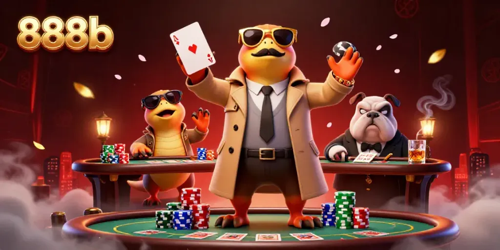 Experience the thrill of 888b with three raptors in disguise at a bustling casino scene.