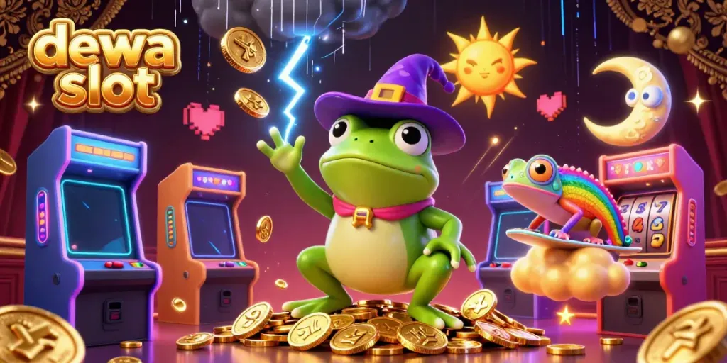 Experience the excitement of dewa slot gaming with vibrant characters and golden coins in an engaging 3D illustration.