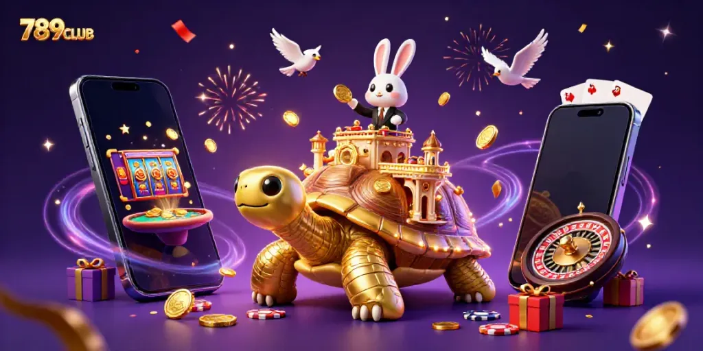 Join the vibrant casino action with 789CLUB featuring gold coins and a rabbit dealer.