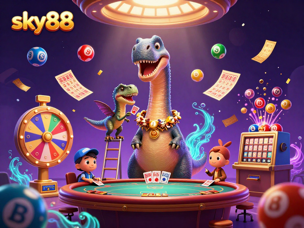 Sky88 ignites excitement with colorful lottery balls and engaging casino elements, an illustration bursting with action.