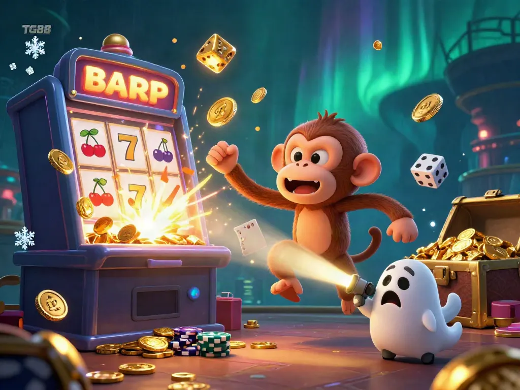 Experience the fun at TG88 casino with a playful monkey and ghost-hunter puppy amidst vibrant slot machines and treasures.