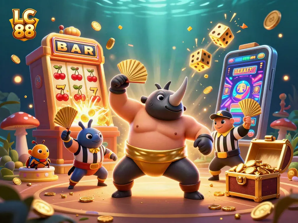 Engage with LC 88’s extravagant casino world, featuring a beetle sumo champion amid a jackpot explosion.