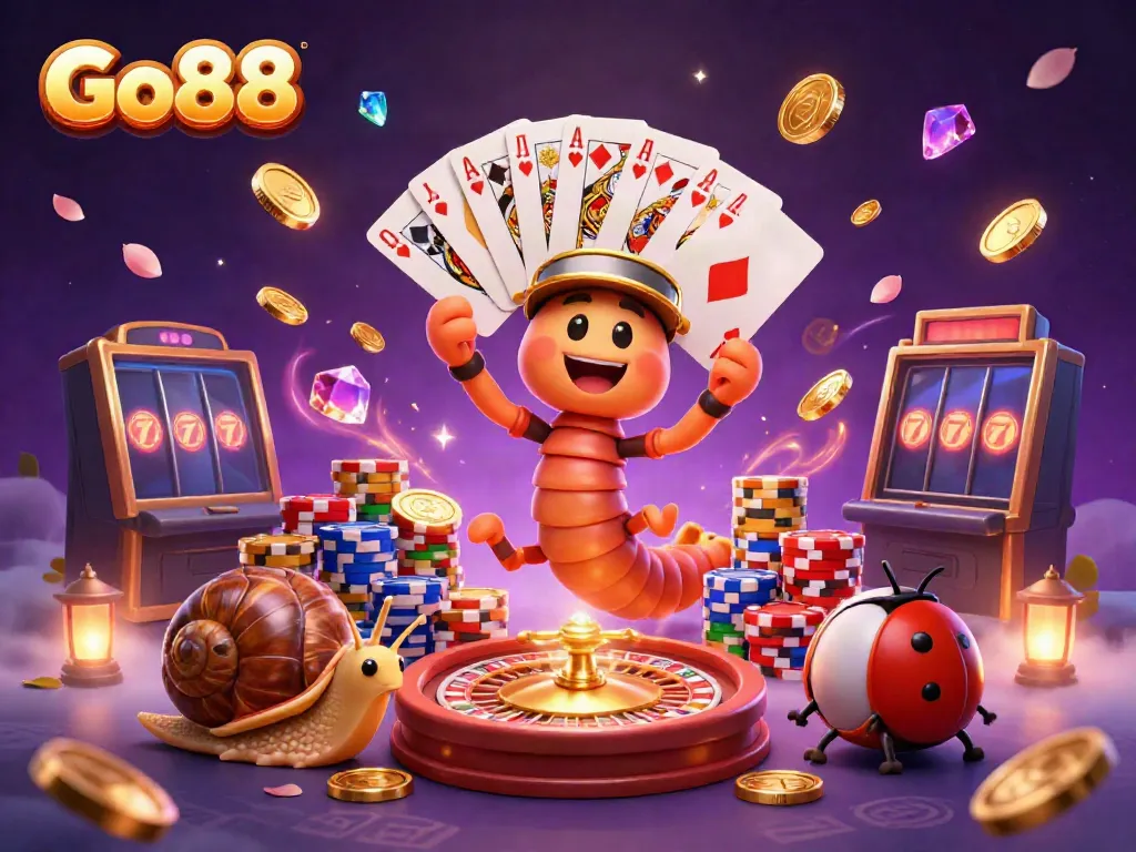 Experience the thrill of Go88 with a vivid illustration of a bustling casino scene featuring colorful game elements.