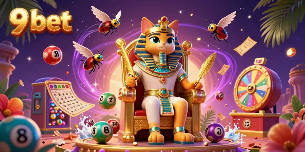 Experience the excitement of winning with 9 bet’s vibrant lottery and casino-themed digital illustration featuring engaging characters and elements.
