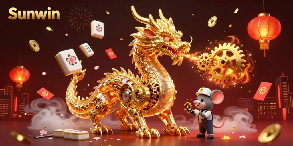 Experience the vibrant world of Sunwin gaming with golden dragon, festive elements, and mahjong tiles.