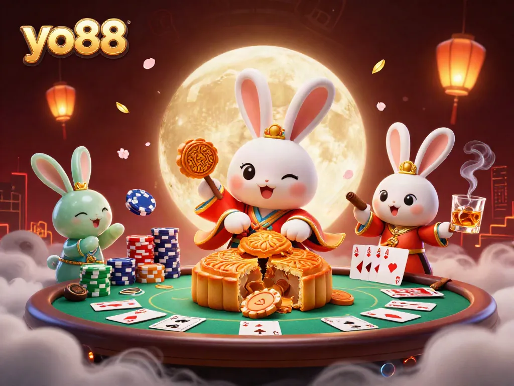 Win big at yo88 with the moon rabbit in this vibrant casino illustration.