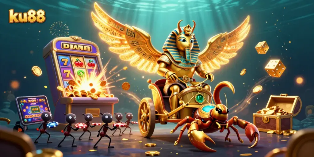 Win big at ku88 with this vibrant casino-themed illustration featuring unique characters and game elements.