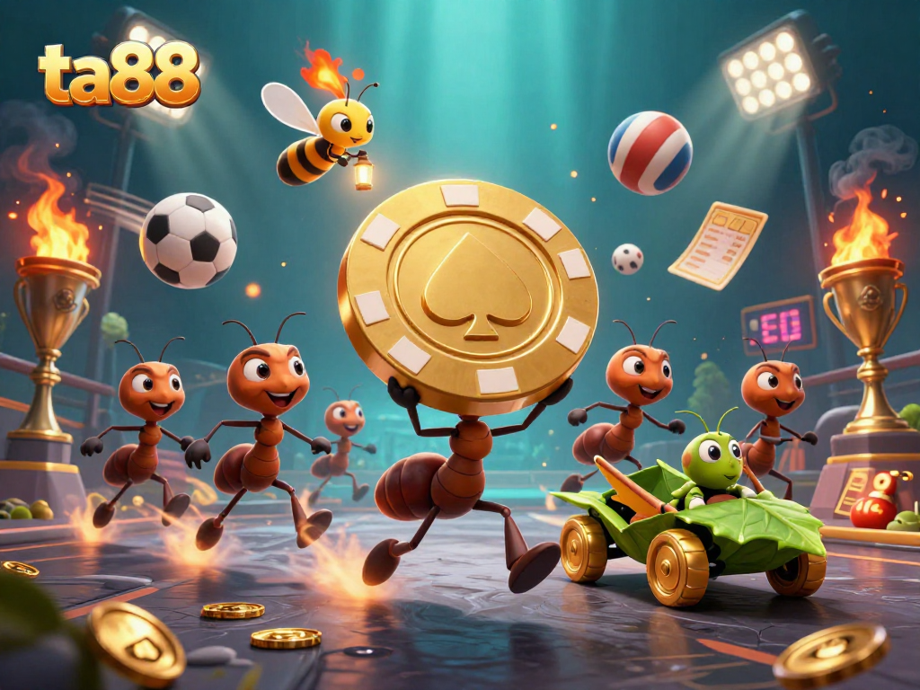 Visualize ta88 with ants heisting a giant poker chip, sporting dynamic gambling elements.