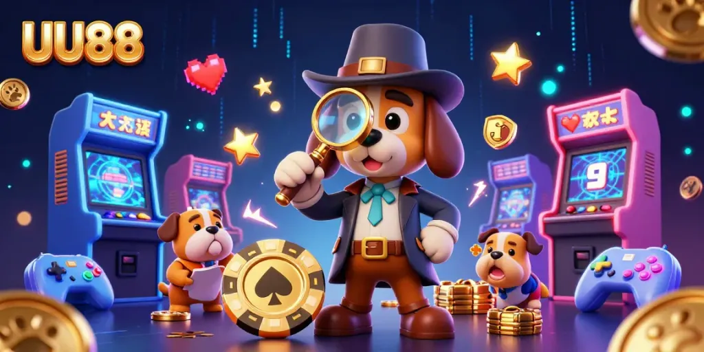UU88 slots gaming adventure with 3D detective characters revealing poker chip clues