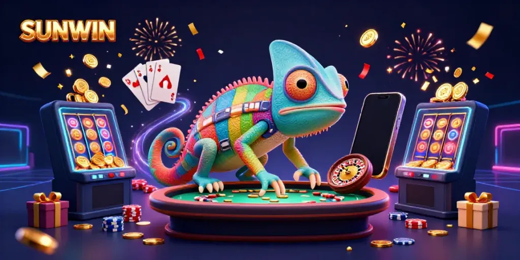 Engage with SUNWIN's vibrant casino experience featuring a playful chameleon and dynamic gaming elements.