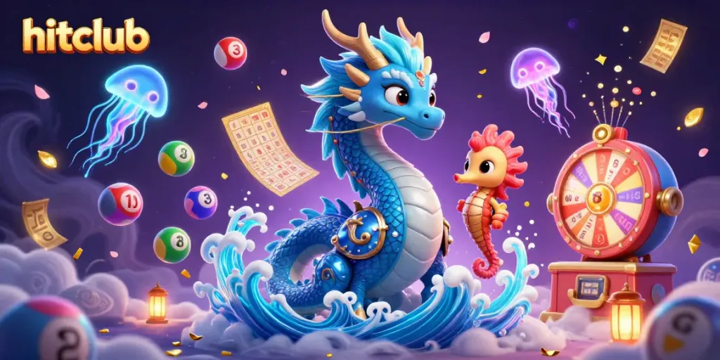 Hitclub engages players with dynamic lottery elements and captivating characters in a vibrant gambling-themed scene.