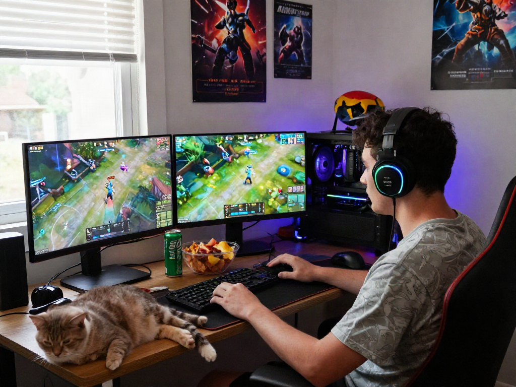Gamer engaging with 먹튀스팟 in an immersive online gaming setup.