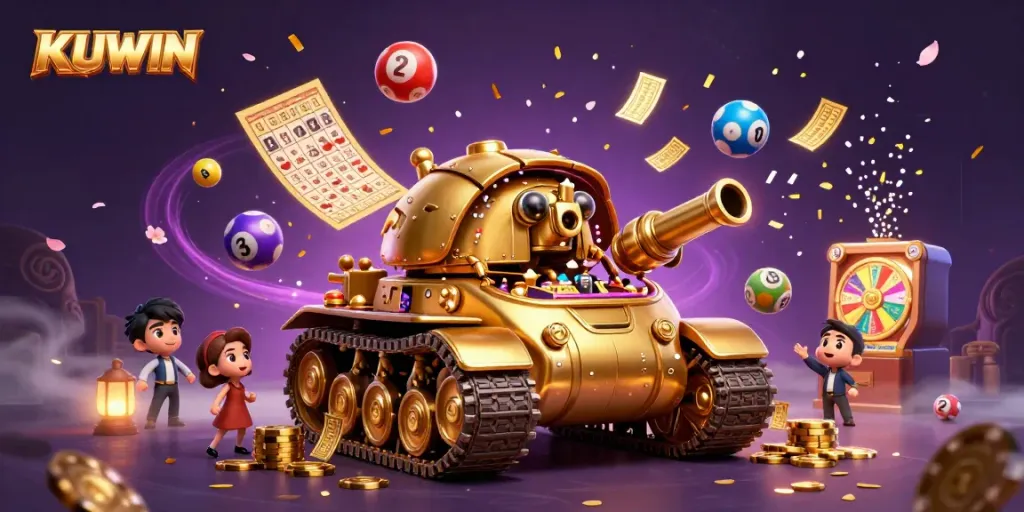 KUWIN enhances gameplay with a 3D illustration featuring a golden beetle tank casino bursting with excitement.