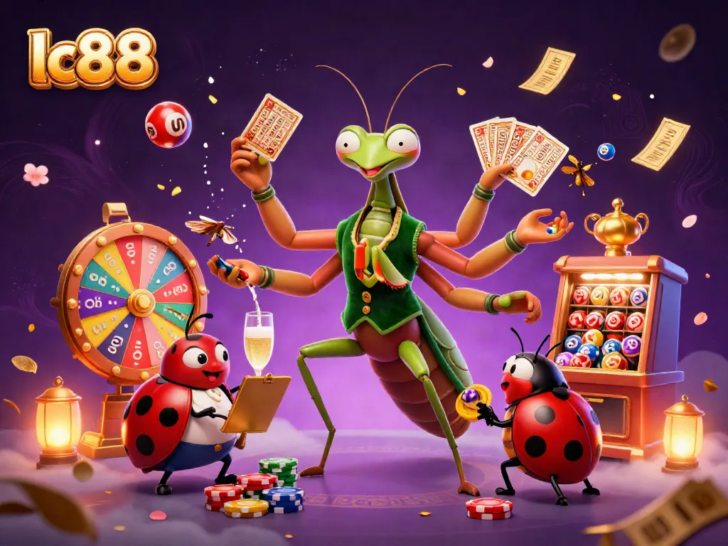 lc88 casino scene featuring a giant card sharp and ladybug pit boss engaged in lively game activities.