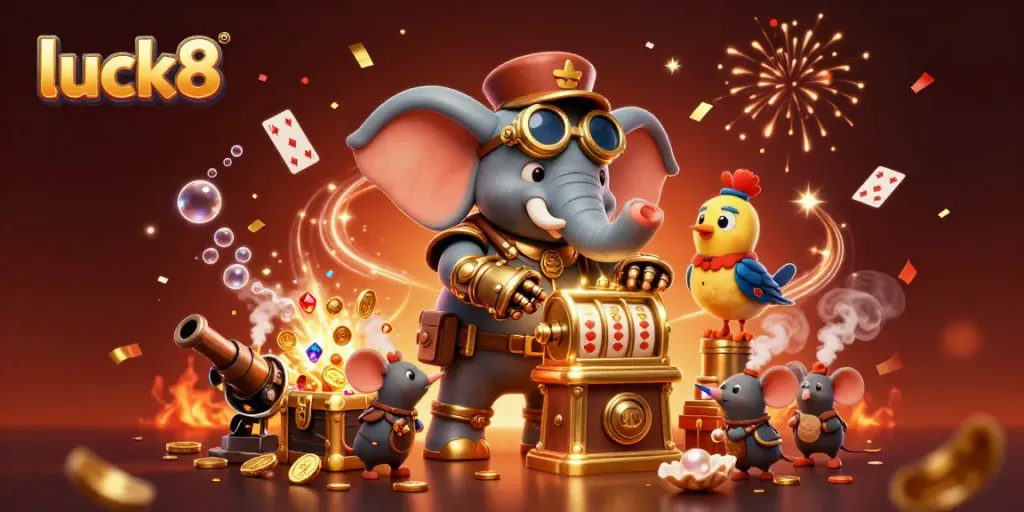 Experience luck8's thrilling slots with a steampunk elephant engineer operating a golden slot machine and colorful gems.