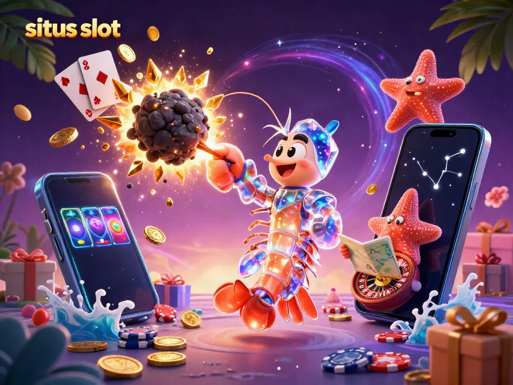 Experience the excitement of situs slot with a vibrant 3D scene featuring a galactic mantis shrimp and slot game action.