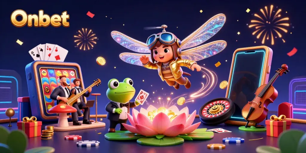 Experience Onbet's vibrant casino world with cartoon characters, slot games, and confetti!