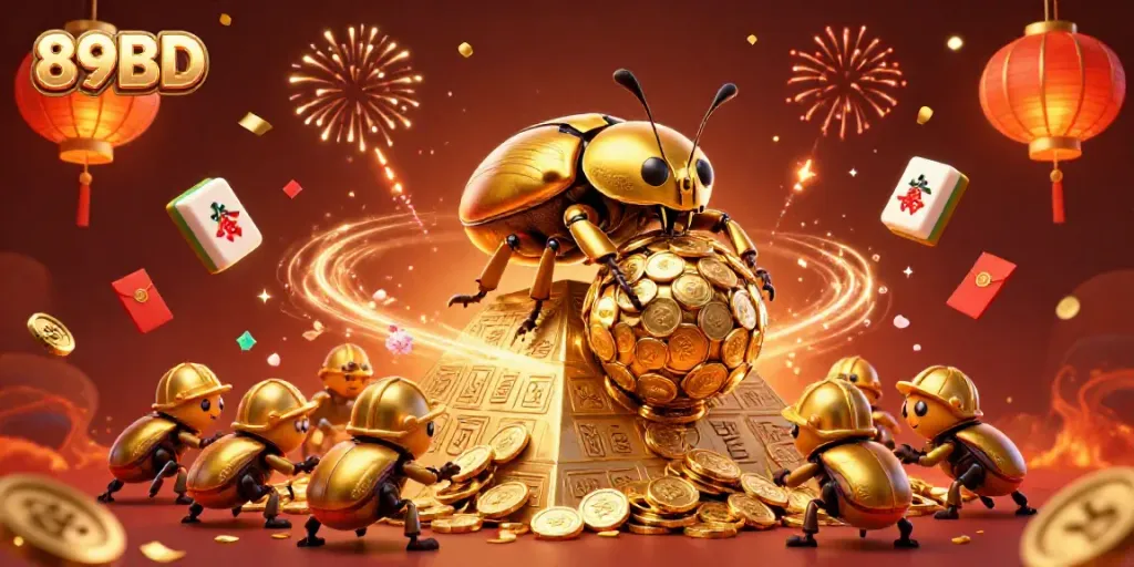 Engage with thrilling 89BD casino excitement through a vivid 3D beetle-themed illustration.