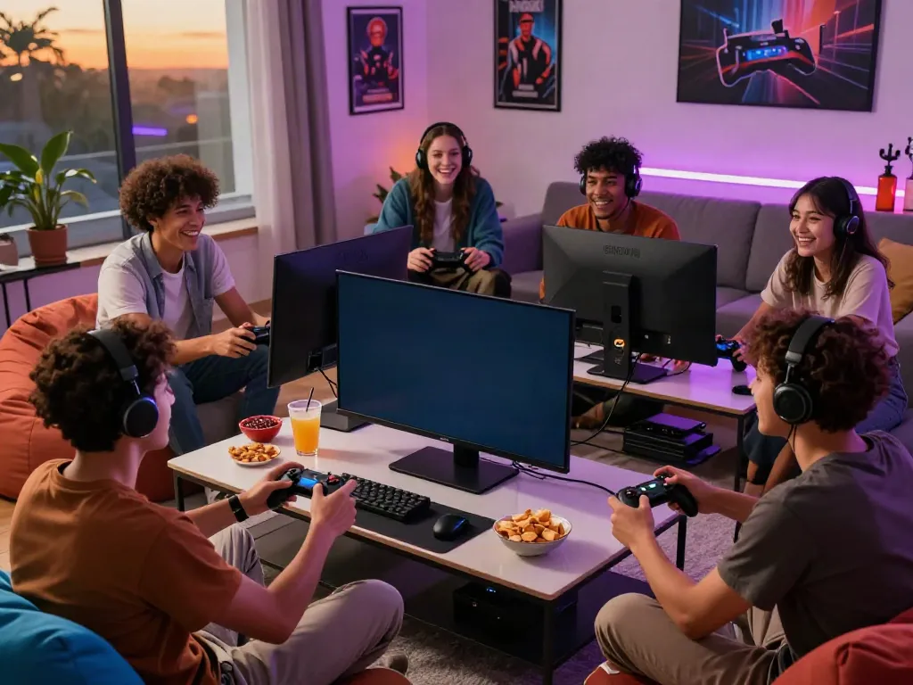 Kilat 404 gaming night with friends enjoying multiplayer fun in a vibrant living room.