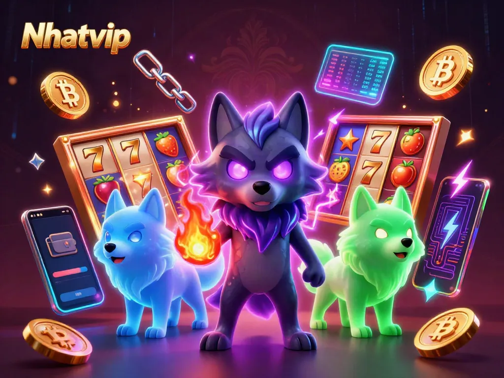 Nhatvip slots action featuring ghostly wolves, vibrant slot reels, and crypto elements