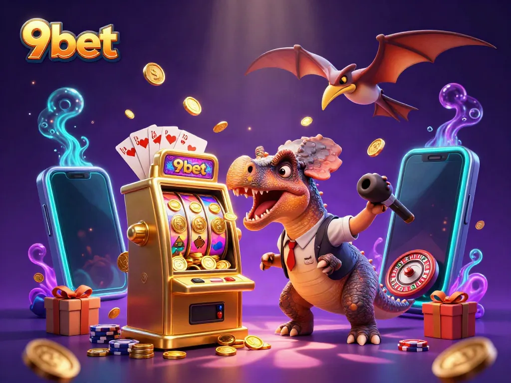 9bet cartoon illustration with pachycephalosaurus winning slots as coins fly