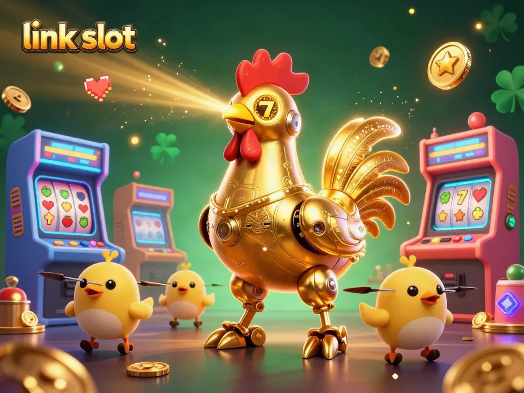 Spin the reels with link slot featuring a golden rooster robot, vibrant game machines, and lucky symbols.