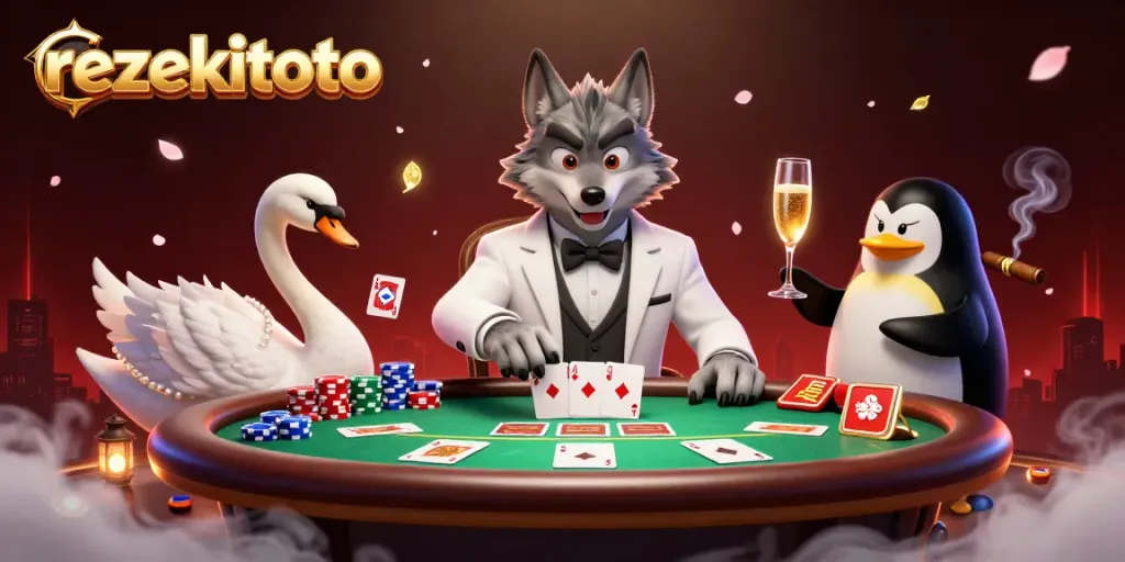 Experience the exciting rezekitoto atmosphere with a dynamic baccarat scene featuring vibrant 3D characters.