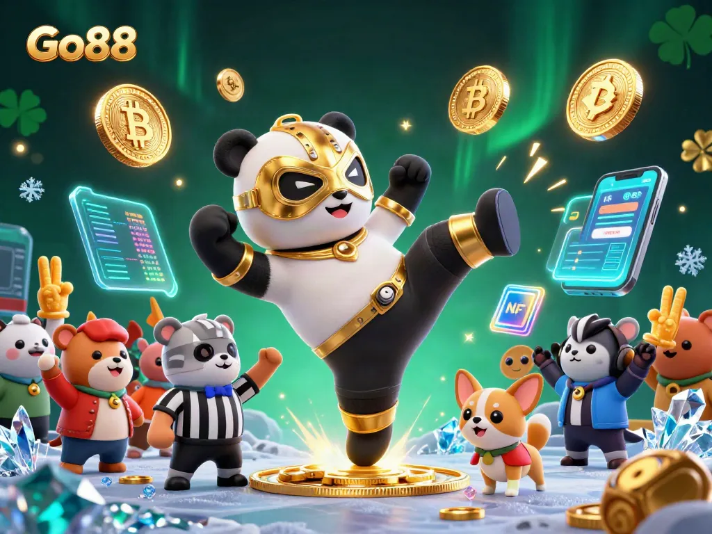 Go88 showcases an energetic casino scene with a panda wrestler and crypto elements.